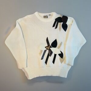 Vintage 1989 Anytime Glitz Statement Knit Sweater Floral Appliqué Women's Large